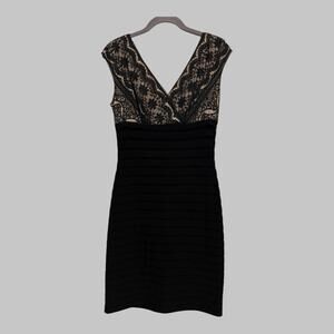 Adrianna Papell Sheath Dress 8 Women's Black Lace Cap Sleeves Cocktail V Neck
